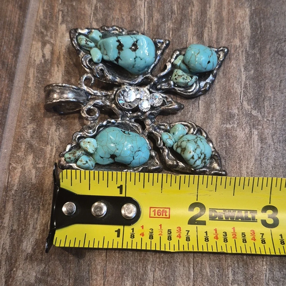 Vtg Turquoise & Rhinestone Embellished Silver Tone Butterfly Necklace Pendant - Picture 9 of 9